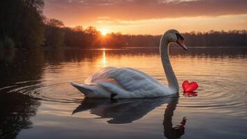 A serene swan glides on water at sunset, holding a heart symbol, evoking love and tranquility. photo