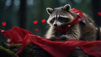 A raccoon with a red scarf rests on a log, surrounded by floating hearts in a forest setting. photo
