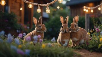 Three rabbits in a garden illuminated by string lights, surrounded by colorful flowers. photo