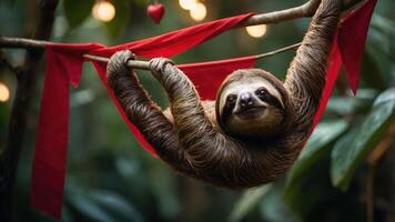 A sloth hangs playfully on a branch adorned with red ribbons in a lush, green environment. photo