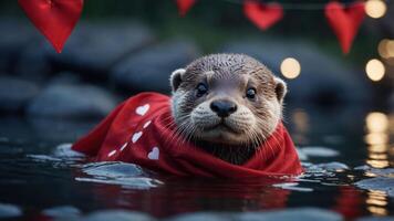 An otter wrapped in a red scarf with hearts, floating in water, creating a playful atmosphere. photo