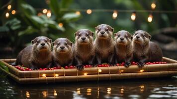 A group of six otters sitting on a floating platform adorned with berries and lights. photo