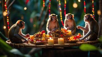 Four monkeys gather around a festive table filled with fruits and candles in a lush setting. photo