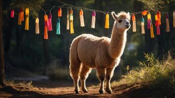 A llama stands in a sunlit forest adorned with colorful tassels. photo