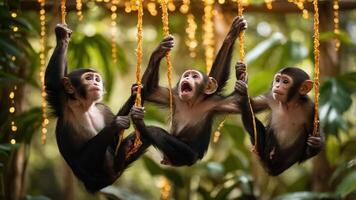 Three playful monkeys hanging on ropes, surrounded by lush greenery and soft lighting. photo
