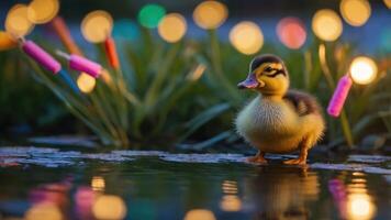 A duckling stands by a shimmering pond, surrounded by colorful lights. photo