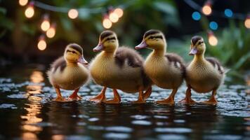 Four ducklings walking along a water's edge, illuminated by soft, colorful lights. photo