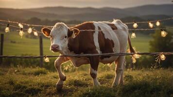 A cow stands in a field adorned with glowing lights, capturing a serene rural scene. photo