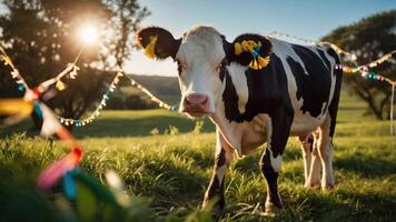 A cow stands in a sunny field decorated with colorful lights. photo
