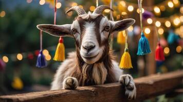 A friendly goat with colorful tassels in the background, creating a festive atmosphere. photo