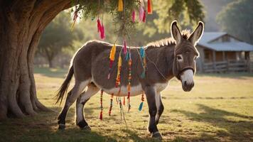 A donkey adorned with colorful decorations stands under a tree in a serene landscape. photo