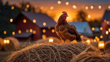 A rooster stands on a hay bale at sunset, surrounded by glowing lights and a farm backdrop. photo