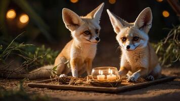 Two foxes sitting beside candles on a tray in a serene setting. photo