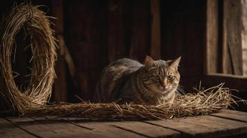 A tabby cat resting on straw in a rustic wooden setting. photo