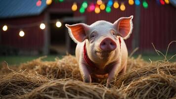 A playful pig in a festive barn setting surrounded by colorful lights and hay. photo
