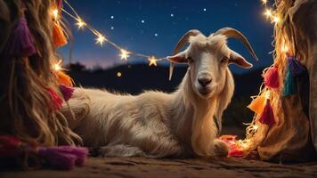 A serene goat resting under twinkling lights and vibrant tassels at twilight. photo