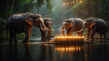 Elephants gathered by a river with candles on a raft in a serene jungle setting. photo