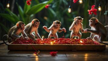 Five monkeys play with colorful decorations and lights in a lush, vibrant setting. photo