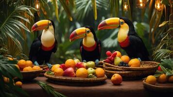 Three toucans surrounded by vibrant fruits in a lush, tropical setting. photo