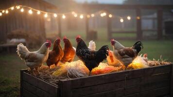 Chickens gathered around a wooden crate adorned with lights in a misty farm setting. photo
