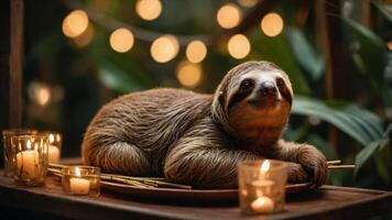 A sloth resting on a table surrounded by candles and greenery, creating a serene atmosphere. photo