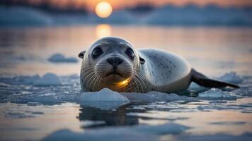 A seal rests on ice, illuminated by the soft glow of a sunset over a tranquil water surface. photo