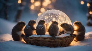 A cozy scene of small animals gathered around a glowing snow globe in a winter setting. photo