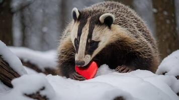 A badger playfully holds a red heart-shaped object in a snowy forest setting. photo