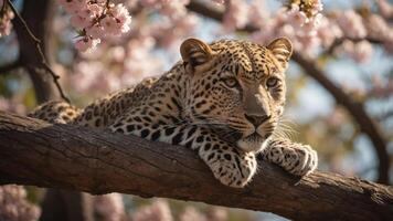 A leopard resting on a tree branch surrounded by blooming flowers. photo