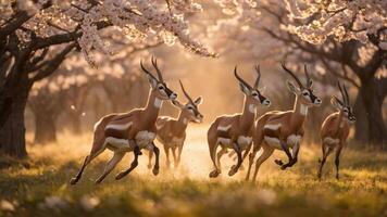 Five antelopes running through a flower-filled landscape at sunset. photo