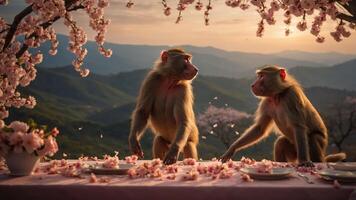 Two monkeys interact at a beautifully set table under cherry blossoms at sunset. photo