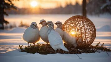 A serene winter scene featuring birds near a decorative orb at sunset in a snowy landscape. photo