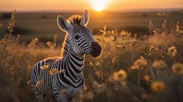 A zebra stands in a field of flowers during a beautiful sunset. photo