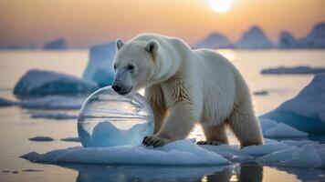 A polar bear interacting with a large ice sphere in a serene Arctic landscape at sunset. photo