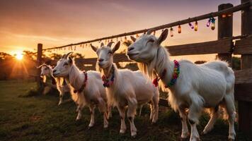 Five goats adorned with colorful necklaces stand by a fence at sunset. photo