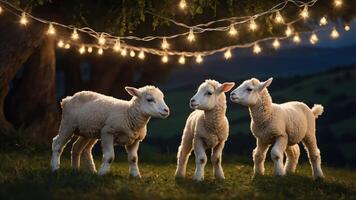 Three playful lambs under string lights in a serene landscape at dusk. photo