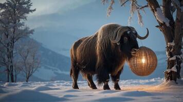 A musk ox stands in a snowy landscape, curiously examining a glowing lantern. photo