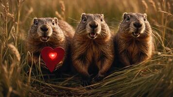 Three cheerful groundhogs hold a heart symbol in a grassy field, conveying love and joy. photo