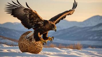 A majestic eagle landing on a large nest in a snowy landscape with mountains in the background. photo