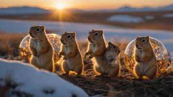 Four squirrels standing in a snowy landscape at sunset, illuminated by glowing spheres. photo