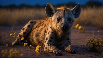 A hyena resting in a field of flowers during twilight, showcasing its unique features. photo