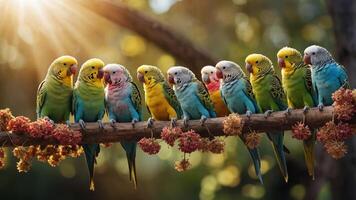 A vibrant gathering of colorful budgerigars perched on a branch in natural sunlight. photo