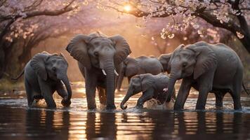 A group of elephants playing in a serene water setting surrounded by blooming trees. photo
