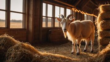 A goat stands in a rustic barn filled with hay, illuminated by warm sunlight through windows. photo