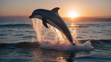 A dolphin leaps gracefully out of the ocean at sunset, creating a splash against the serene backdrop. photo