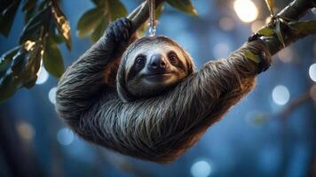 A sloth hanging from a branch in a serene, illuminated forest setting. photo