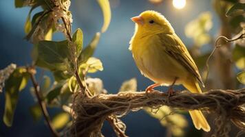 A vibrant yellow bird perched on a branch surrounded by greenery and soft lighting. photo