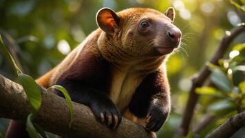 A close-up of a tree kangaroo perched on a branch in a lush, green environment. photo