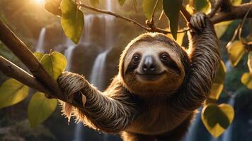 A cheerful sloth hanging from a branch near a waterfall, surrounded by lush greenery. photo