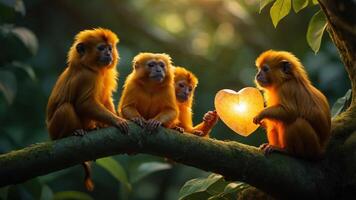 Four golden monkeys on a branch, holding a glowing heart-shaped object in a lush setting. photo